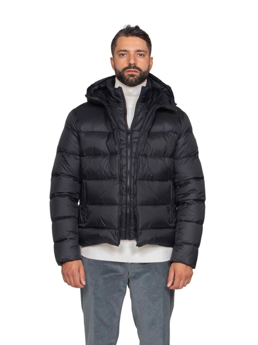 Fay Hooded Black Puffer Jacket With Horizontal Quilted Padding