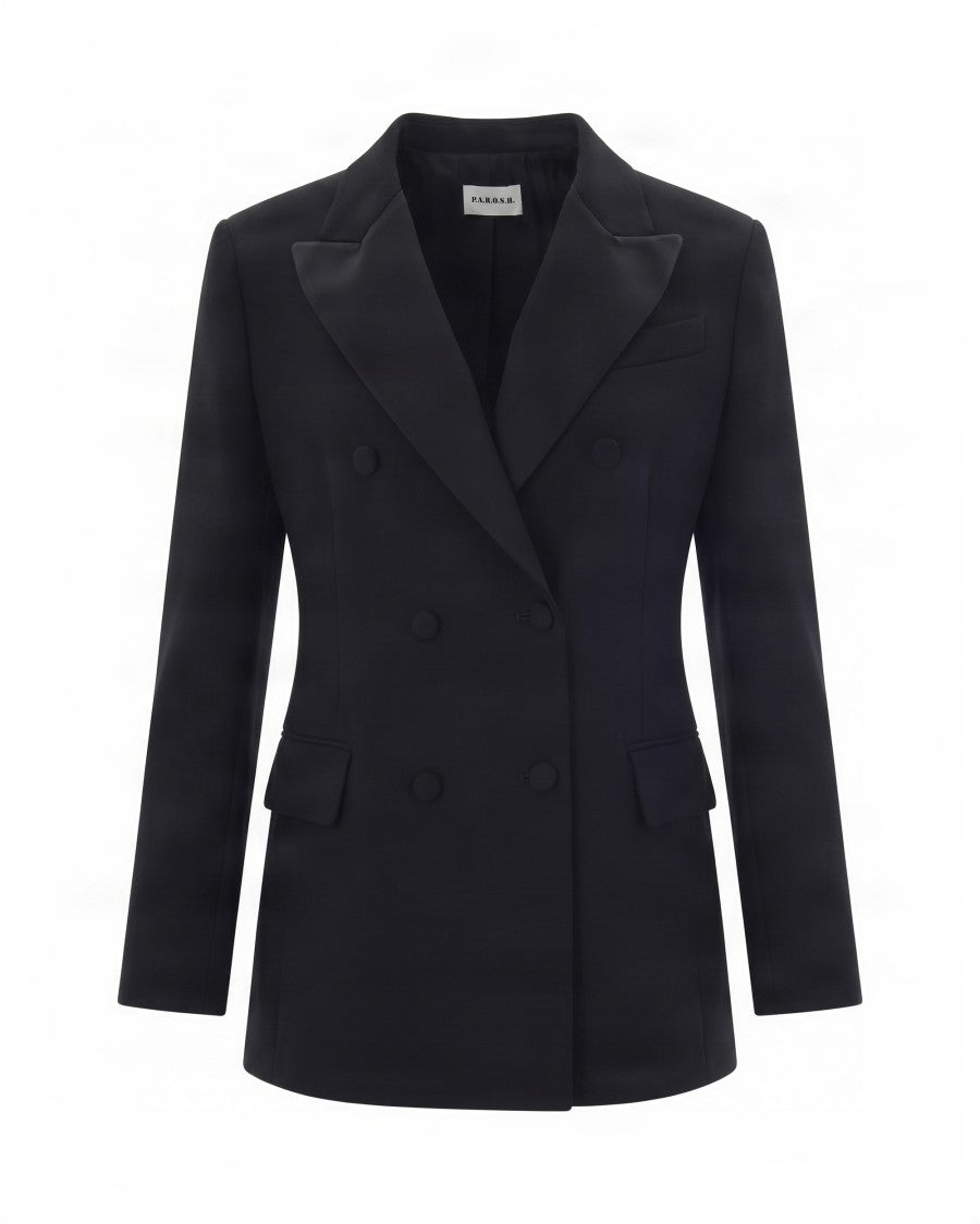 P.A.R.O.S.H. Double-Breasted Black Blazer With Notched Lapel And Flap Pockets