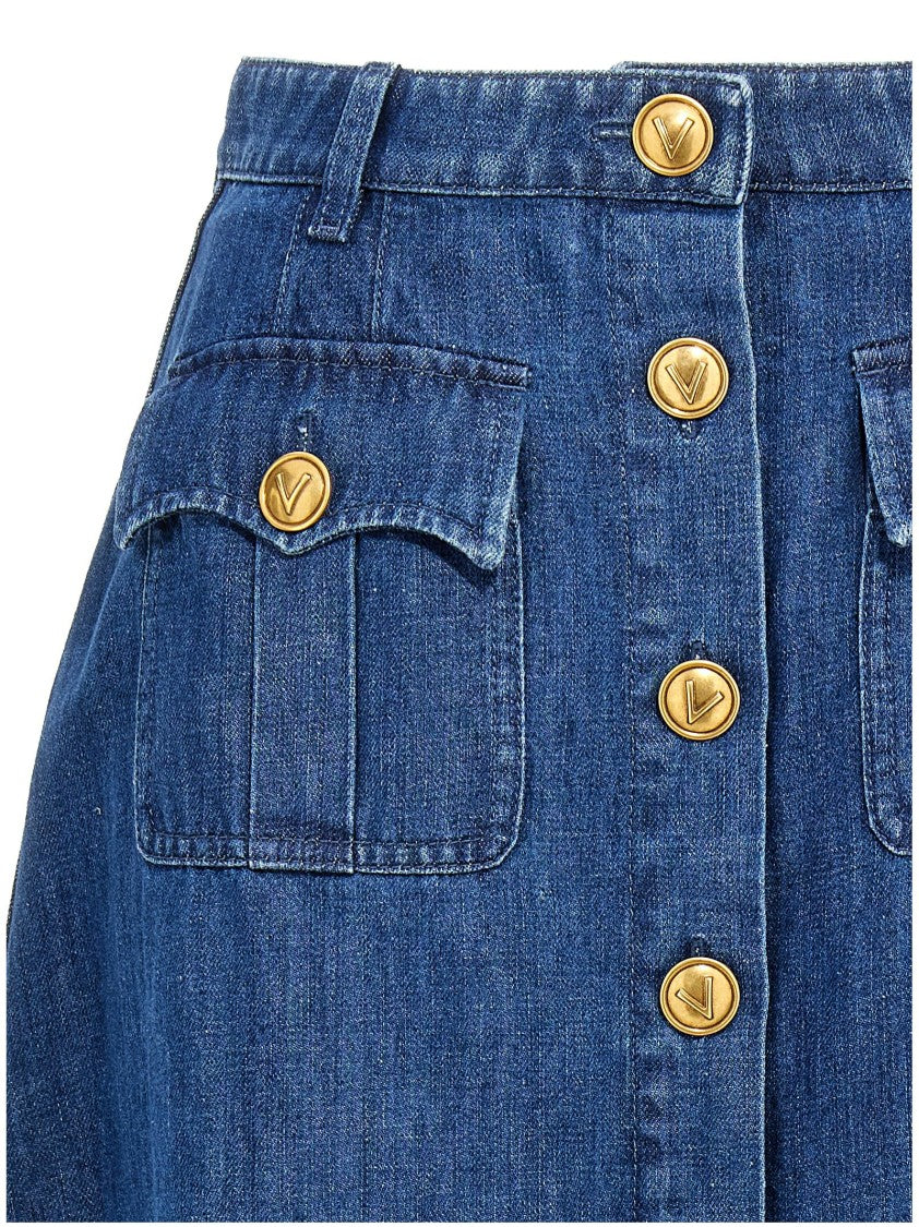 Valentino Garavani Light Cotton Denim Midi Skirt With Vlogo Closure
