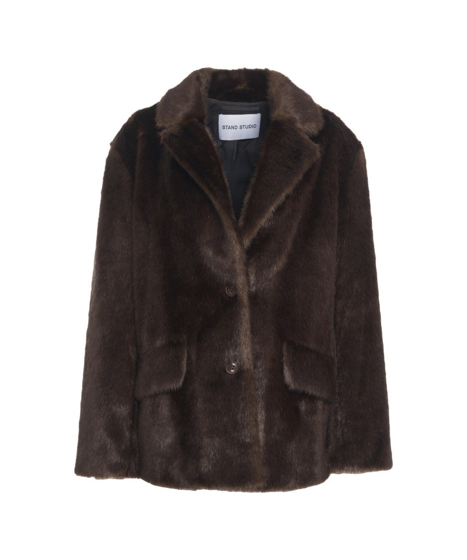 Stand Studio Rich Brown Faux Fur Jacket With Classic Collar