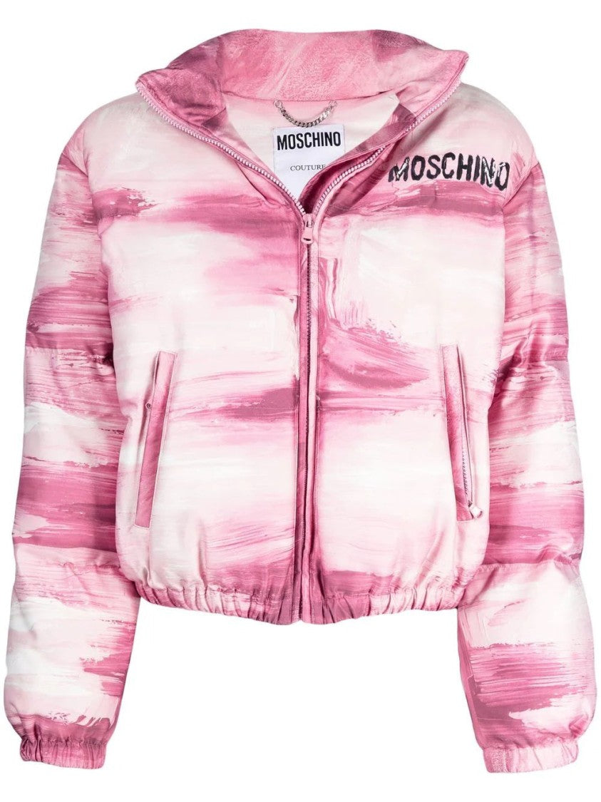 Moschino Cropped Puffer Jacket With Brushstroke Pattern And High Collar
