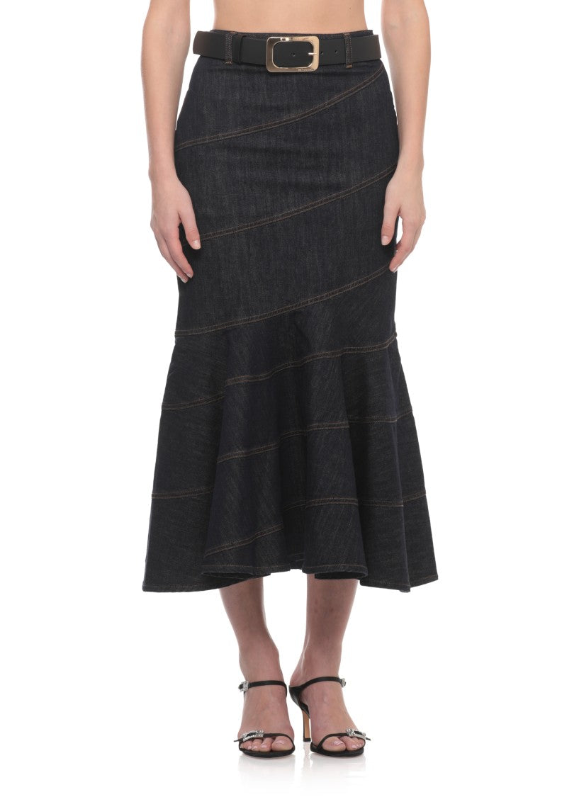 Self-Portrait Dark Denim Skirt With Mermaid Hem And Back Zipper Closure