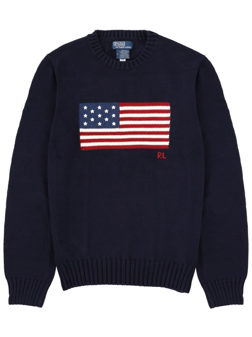 Polo Ralph Lauren Navy Cotton Sweater With Embroidered American Flag