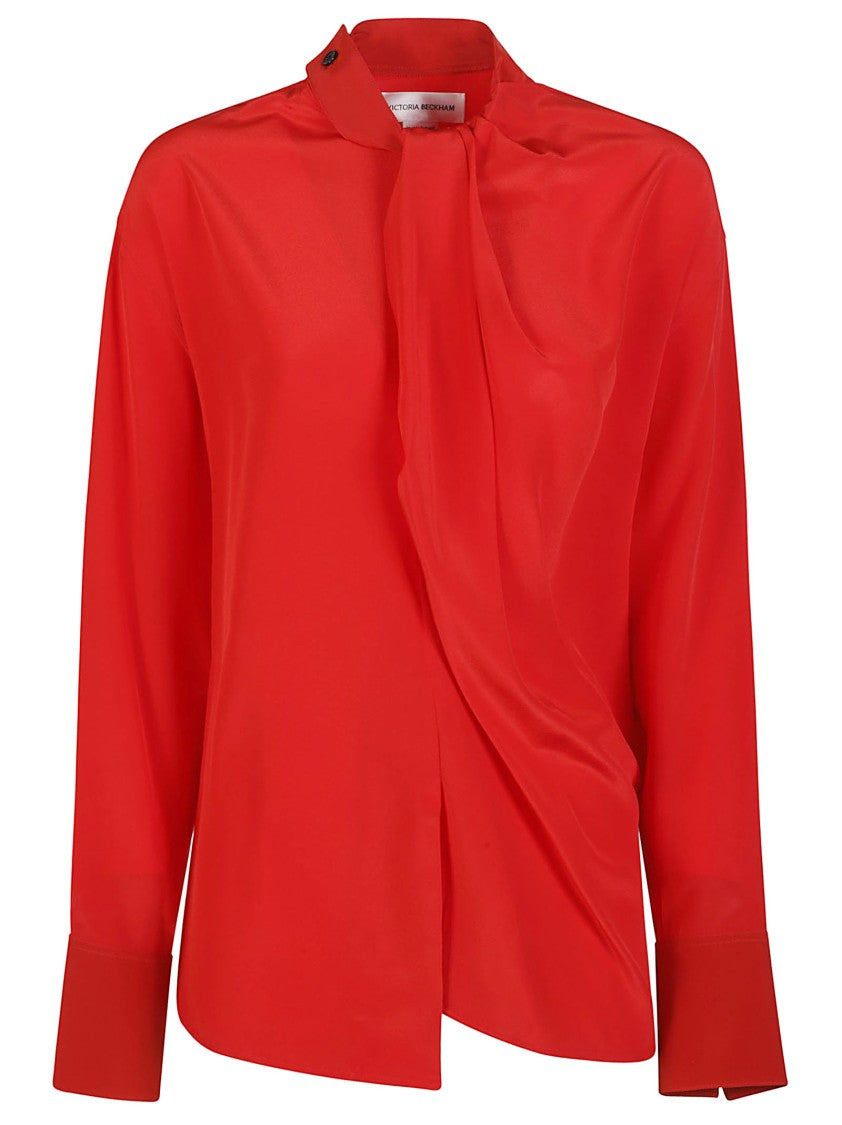 Victoria Beckham Drape Detail Red Silk Blouse
