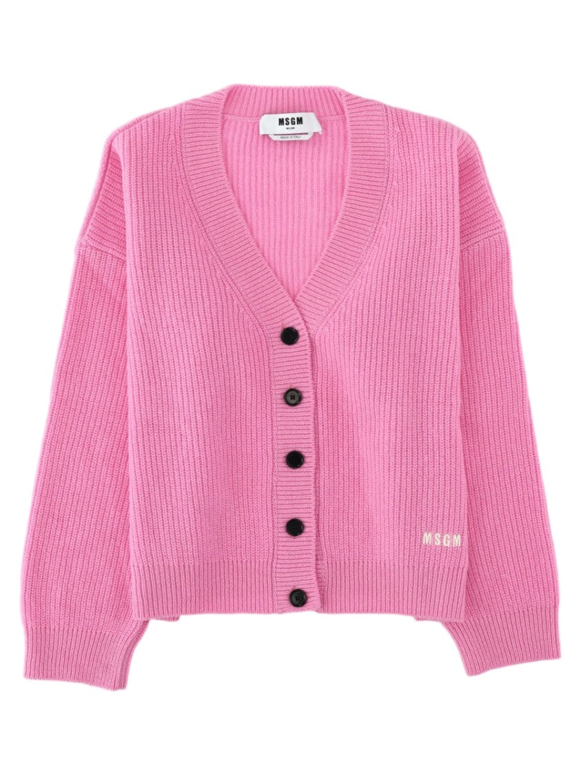Msgm Pink Ribbed Knit Wool Cashmere Cardigan