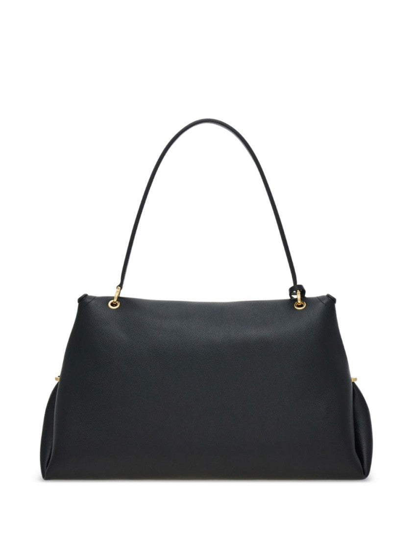 Ferragamo Elongated Gold-Tone Accent Black Calfskin Handbag