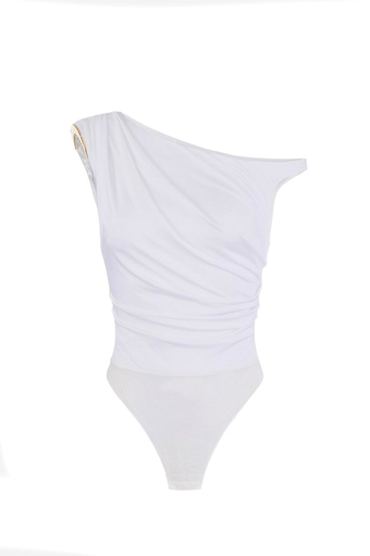 Elisabetta Franchi Ivory One-Shoulder Draped Jewel Clasp Viscose-Blend Bodysuit