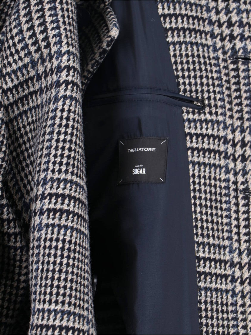 Tagliatore Classic Houndstooth Pattern Jacket With Structured Collar And Matching Belt