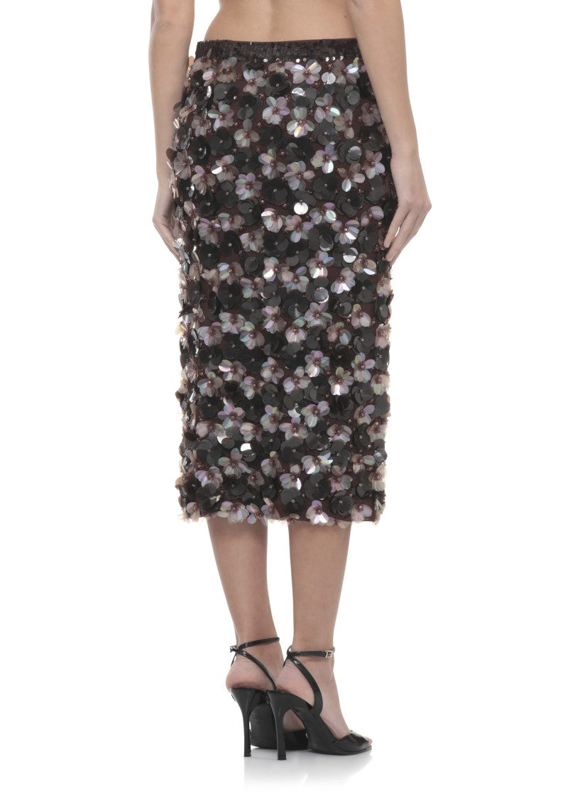 Parosh Fitted Midi Skirt With Floral Sequin Detail