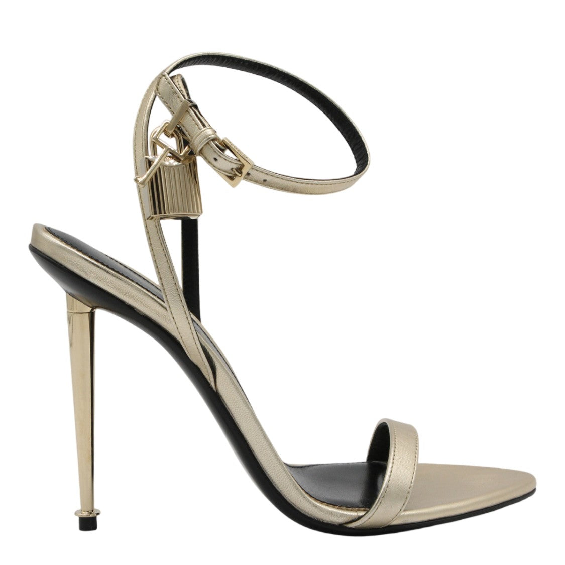 Tom Ford Gold Metallic Stiletto Sandals With Decorative Padlock Charm