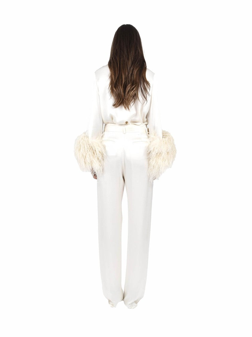Lapointe Satin Top With Ostrich Feather Cuffs
