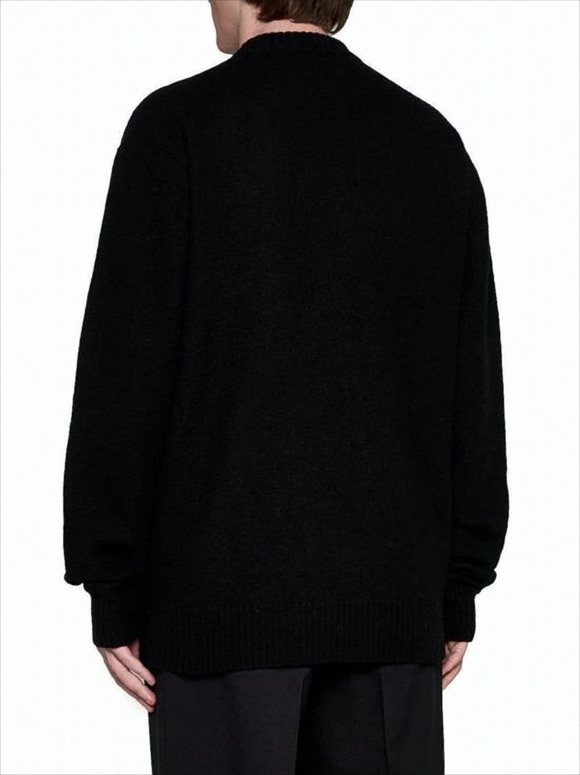 Jil Sander Relaxed Fit Black Wool Sweater With Ribbed Details