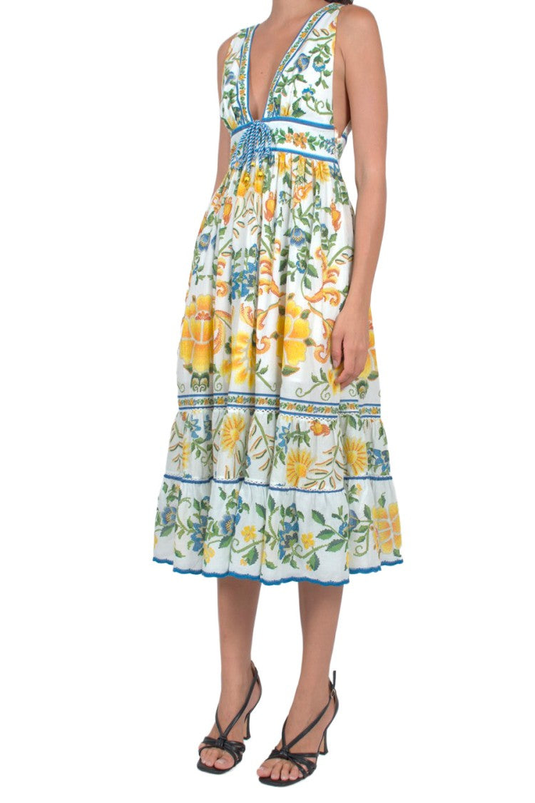 Farm Rio Multicolor Lemon-Floral Plunge-Neck Cotton Midi Dress