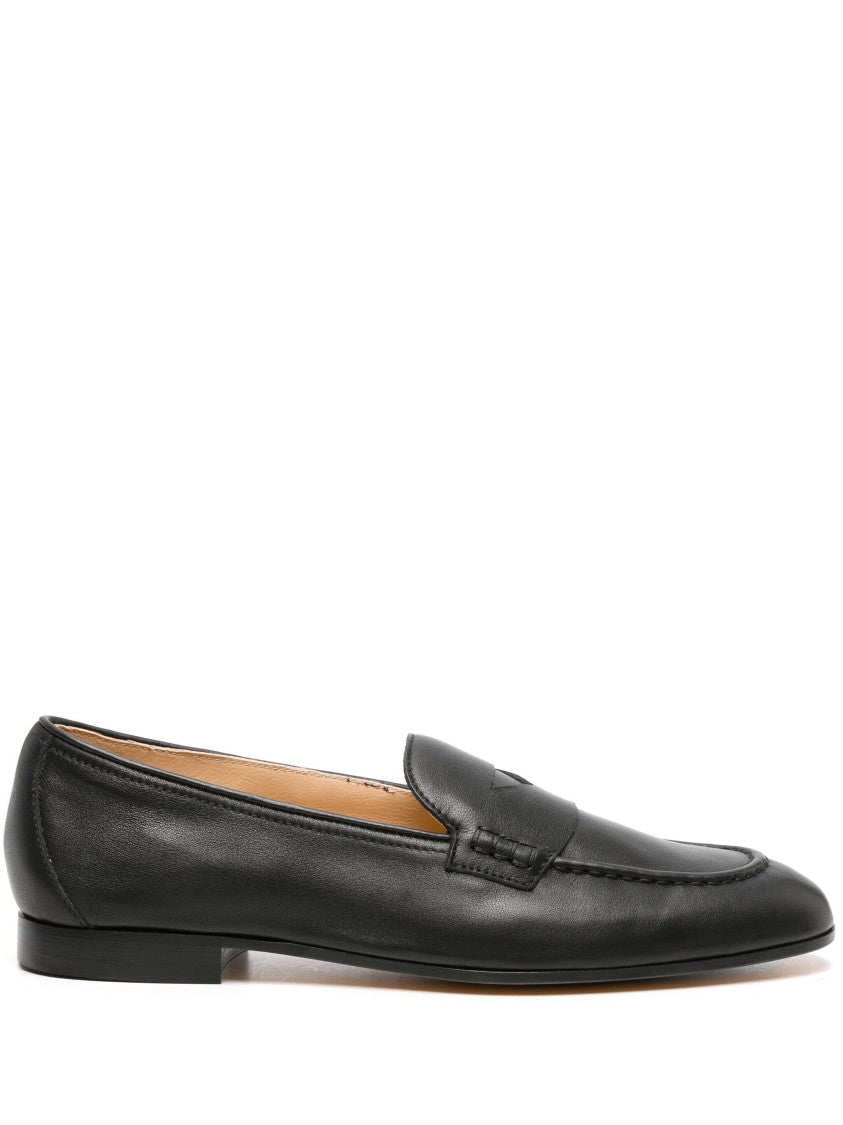 Doucal's Polished Black Leather Moccasin Loafers With Classic Penny Strap