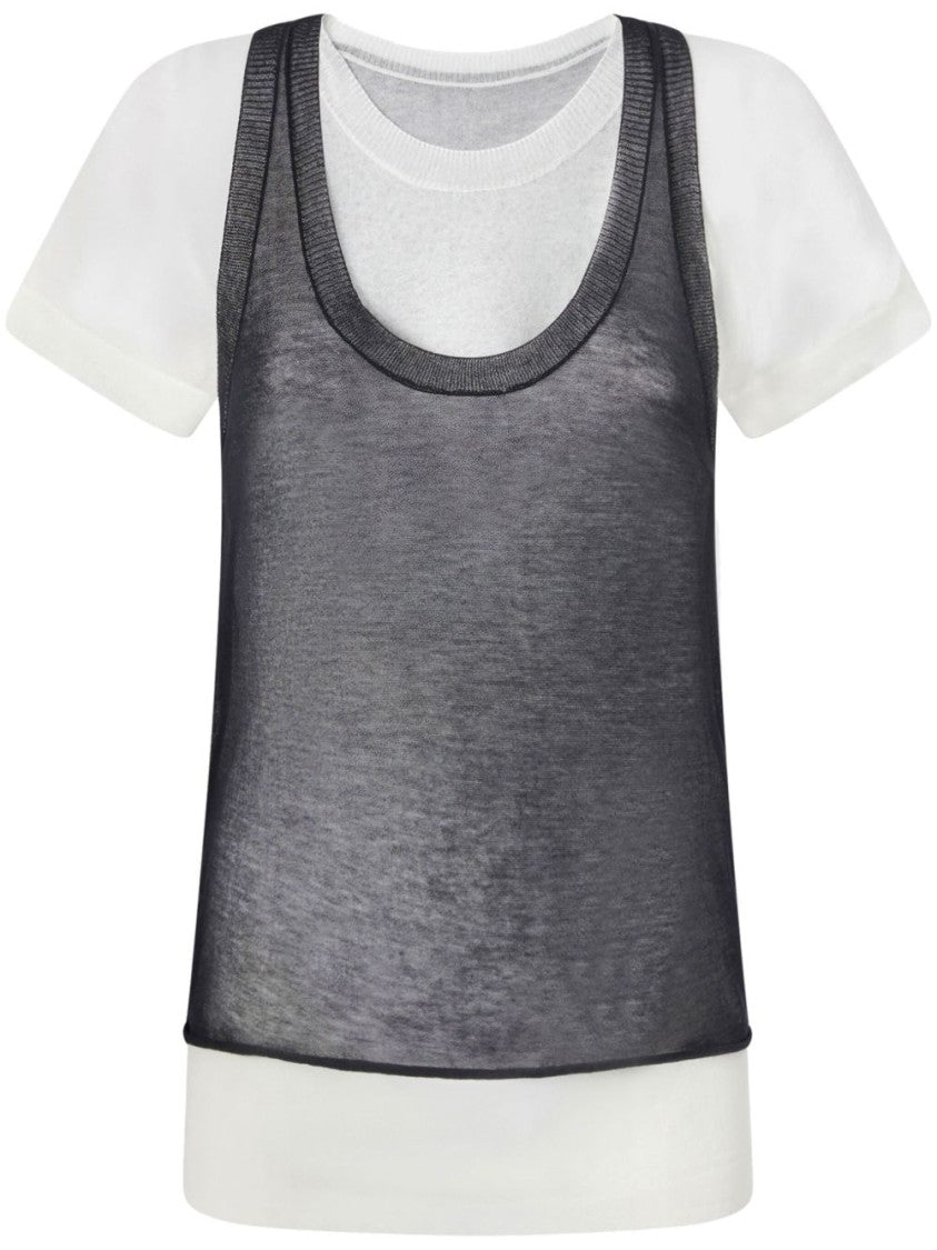 Pinko Layered Black And White T-Shirt With Sheer Overlay