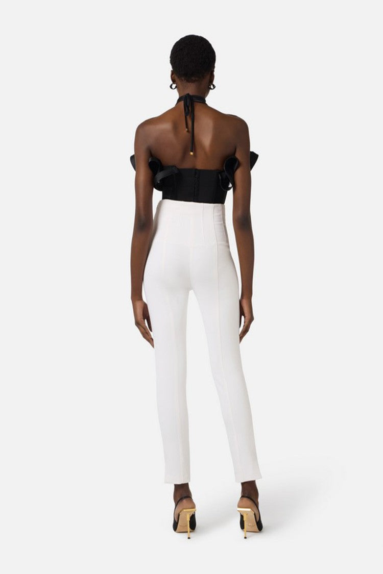 Elisabetta Franchi Ivory High-Waist V-Cut Logo Hardware Polyester-Blend Cropped Pants
