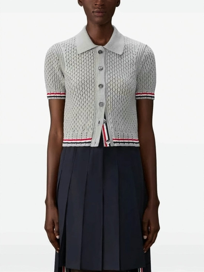 Thom Browne Short-Sleeved Button-Up Cardigan With Open-Knit Design