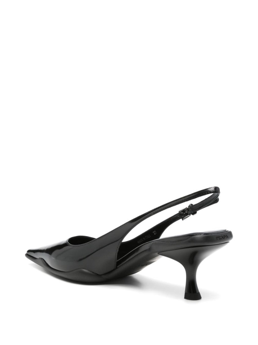Prada Glossy Calf Leather Pointed Toe Slingback Flats