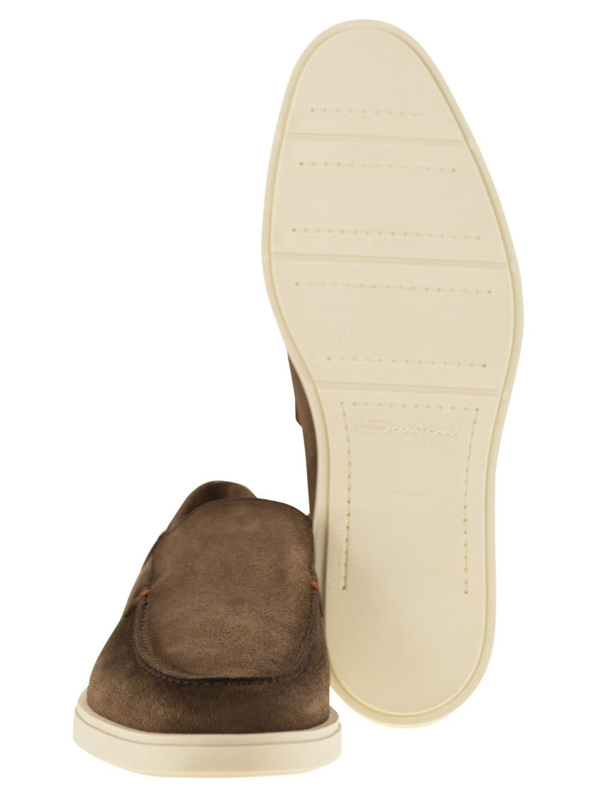 Santoni Brown Suede Moccasin With Orange Detailing