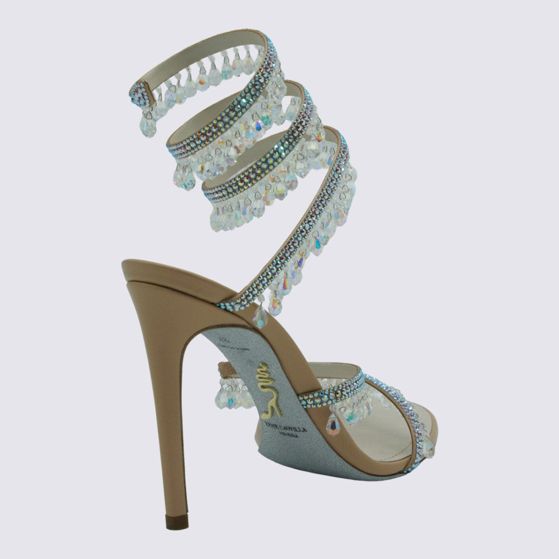René Caovilla High-Heeled Sandals With Rhinestone Straps And Crystal Beads