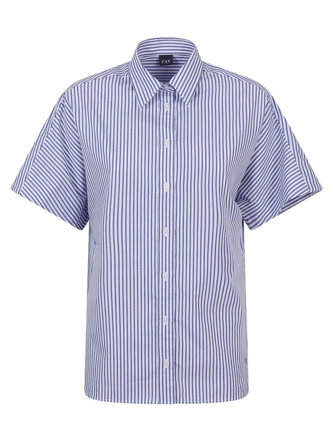 Fay Blue Cotton Shirt With Classic Collar And Short Kimono Sleeves