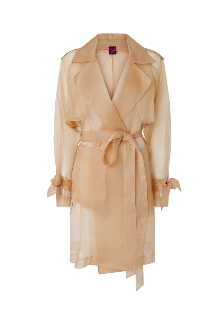 Pinko Beige Sheer Double-Breasted Self-Tie Belt Silk Trench Coat