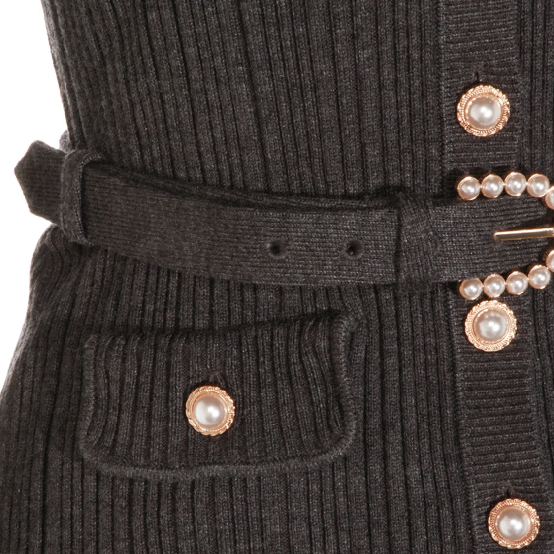 Self-Portrait Long Sleeve Grey Dress With Removable Belt And Pearl Buttons
