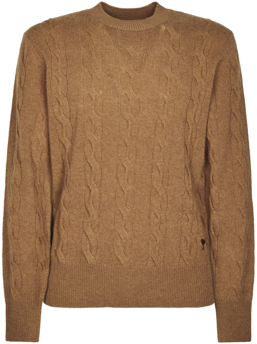 Ami Paris Tonal Cable Knit Sweater With Embroidered Heart Detail