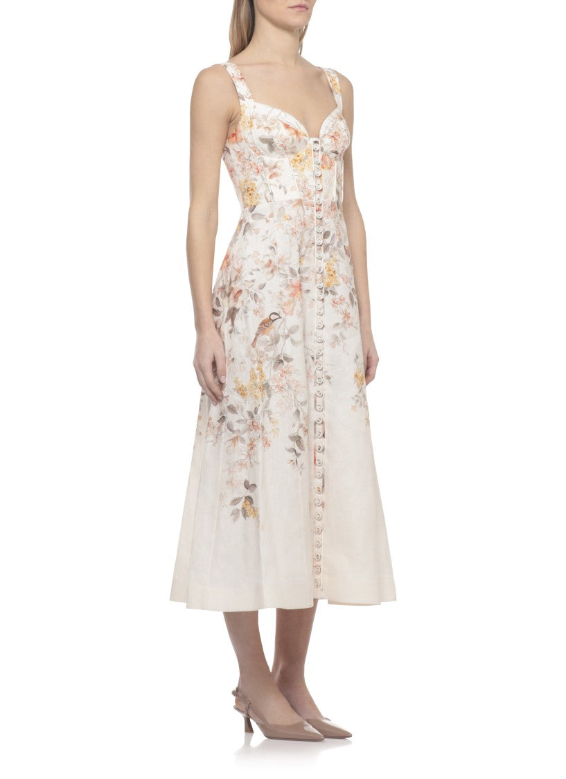 Zimmermann Ivory Floral Accent Linen Midi Dress