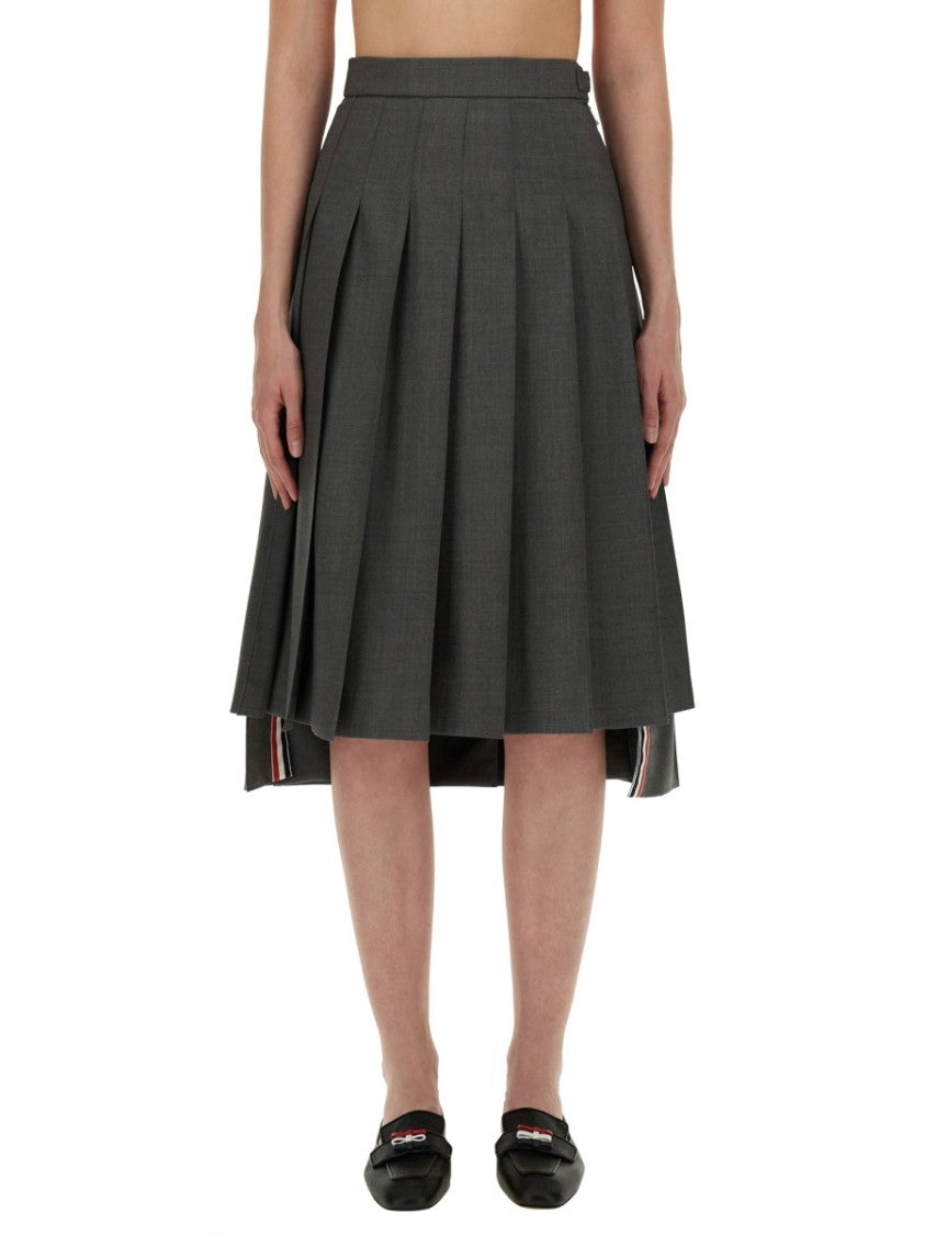 Thom Browne Pleated Grey Midi Skirt With High-Low Hem