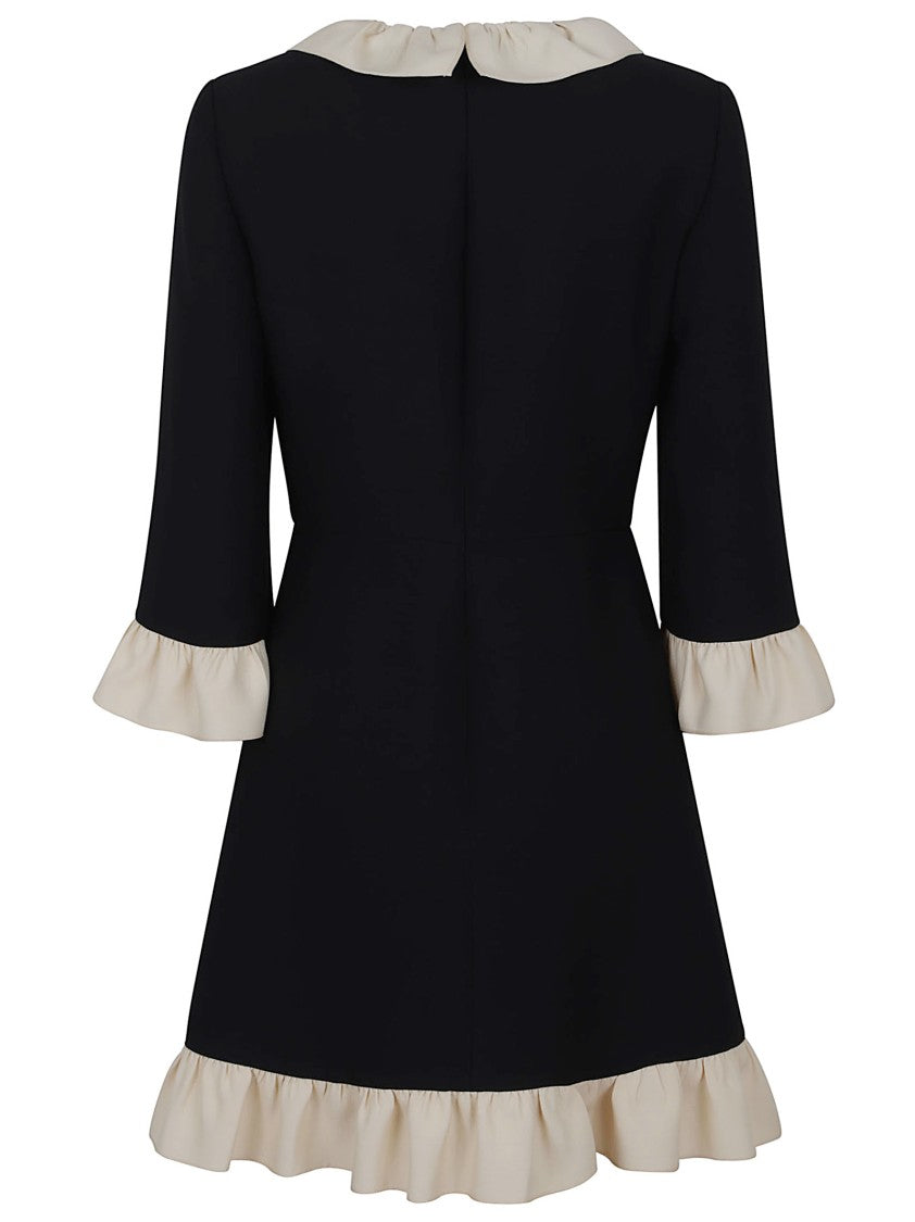 Valentino Garavani Contrasting Ruffled Trim Black Crepe Couture Dress