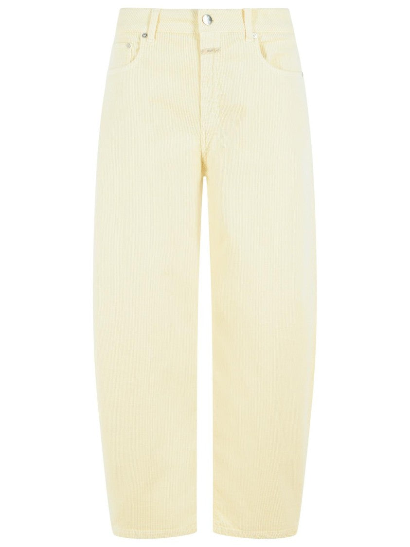 Closed Wide-Leg Cotton Pants With Corduroy Waistband And Five Pockets