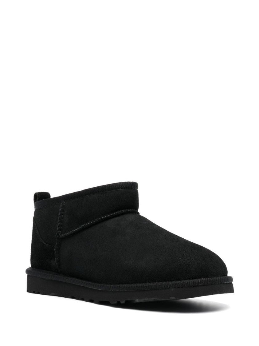 Ugg Black Classic Ultra Mini Plush Lined Leather Ankle Boots