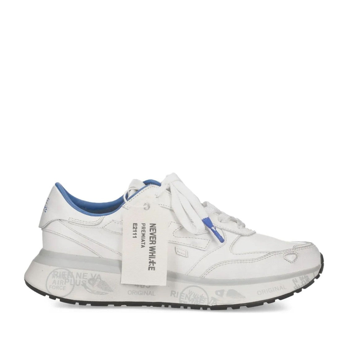 Premiata White Leather Blue Accent Sneakers