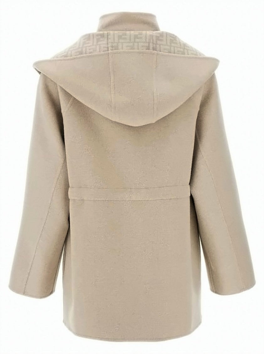Fendi High Collar Beige Wool-Silk Blend Jacket With Monogram Accents