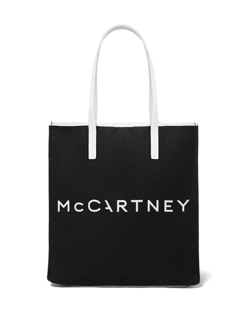 Stella Mccartney Black Canvas Tote Bag With Logo Prints And Moon Charm