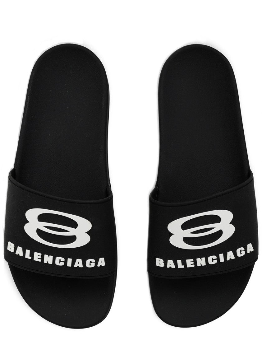 Balenciaga Contoured Black Slip-On Sandal With Bold Logo Print