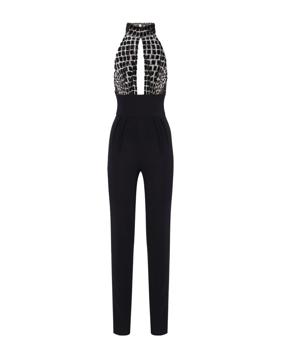Elisabetta Franchi Black Crocodile Embroidered Jumpsuit
