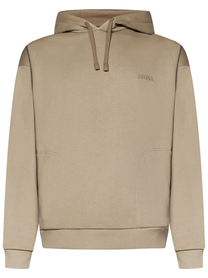 Zegna Beige Cotton Hoodie With Logo Embroidery
