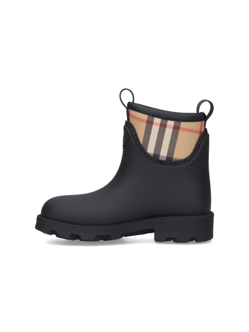 Burberry Black Rubber Ankle Boots With Check Fabric Panel
