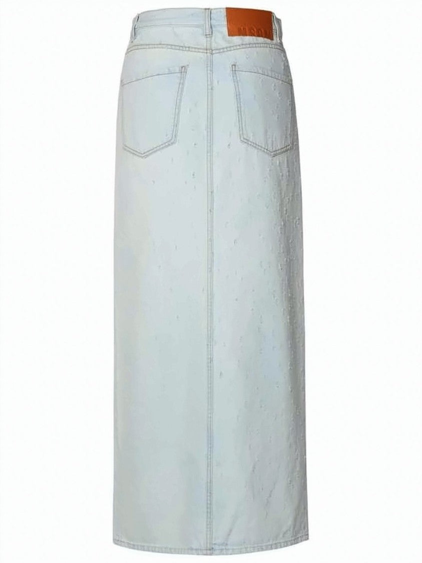 Msgm Light-Wash Denim Midi Skirt With Asymmetrical Front Slit