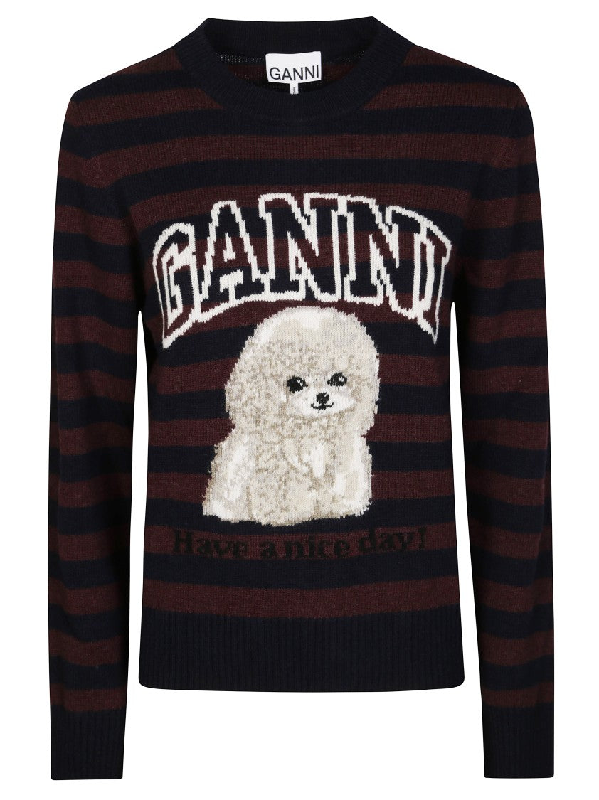 Ganni Playful Poodle Graphic Wool Mix Crewneck
