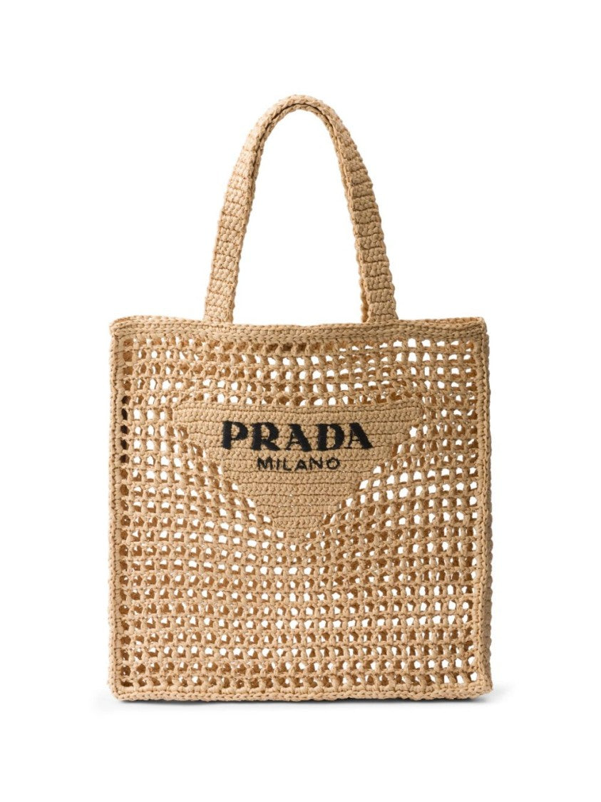 Prada Rectangular Woven Tote Bag With Triangular Patch