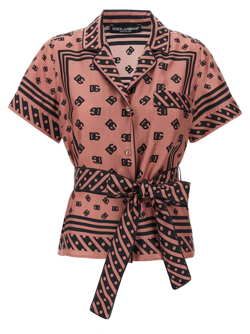Dolce & Gabbana All-Over Dg Logo Jacquard Silk Shirt With Contrast Piping