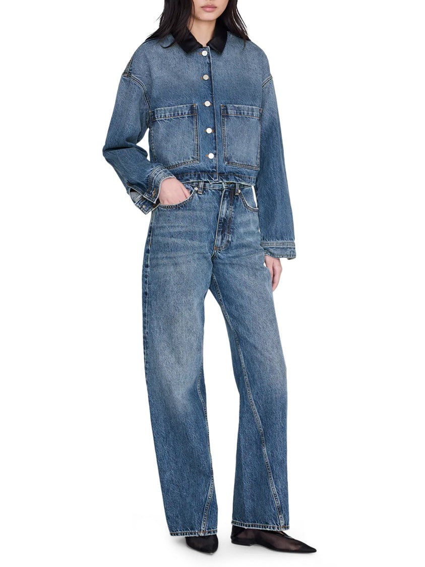 Anine Bing Cropped Denim Jacket With Leather Collar And Boxy Silhouette