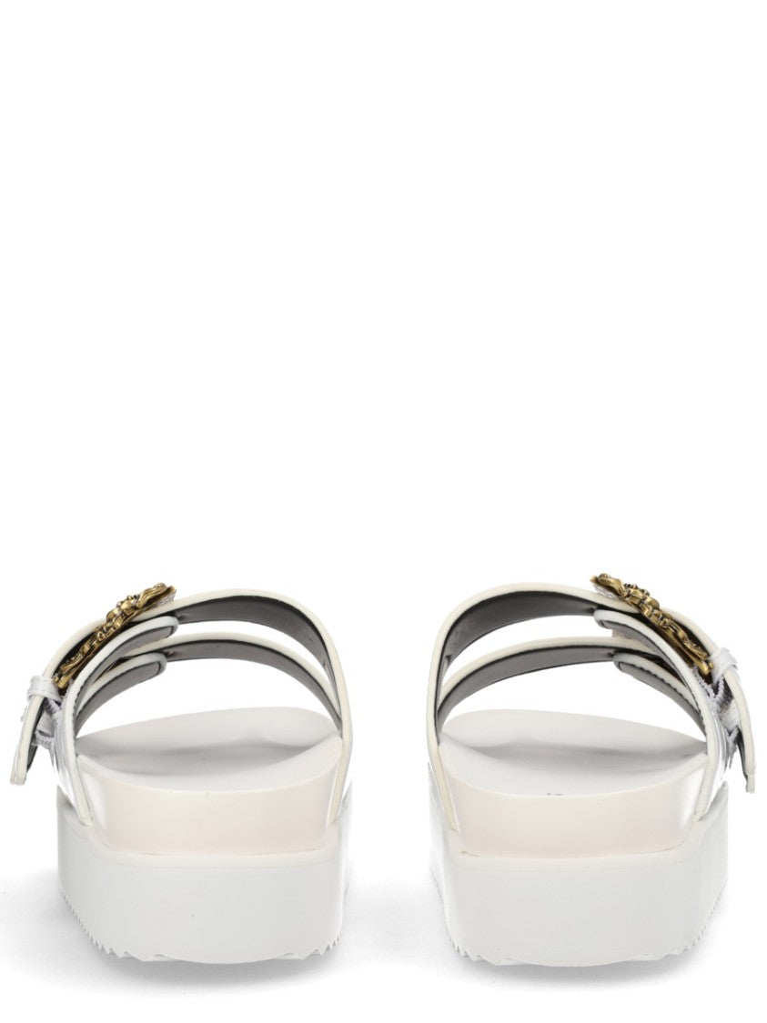 Versace Jeans Couture White Wide Straps Gold Buckles Sandals