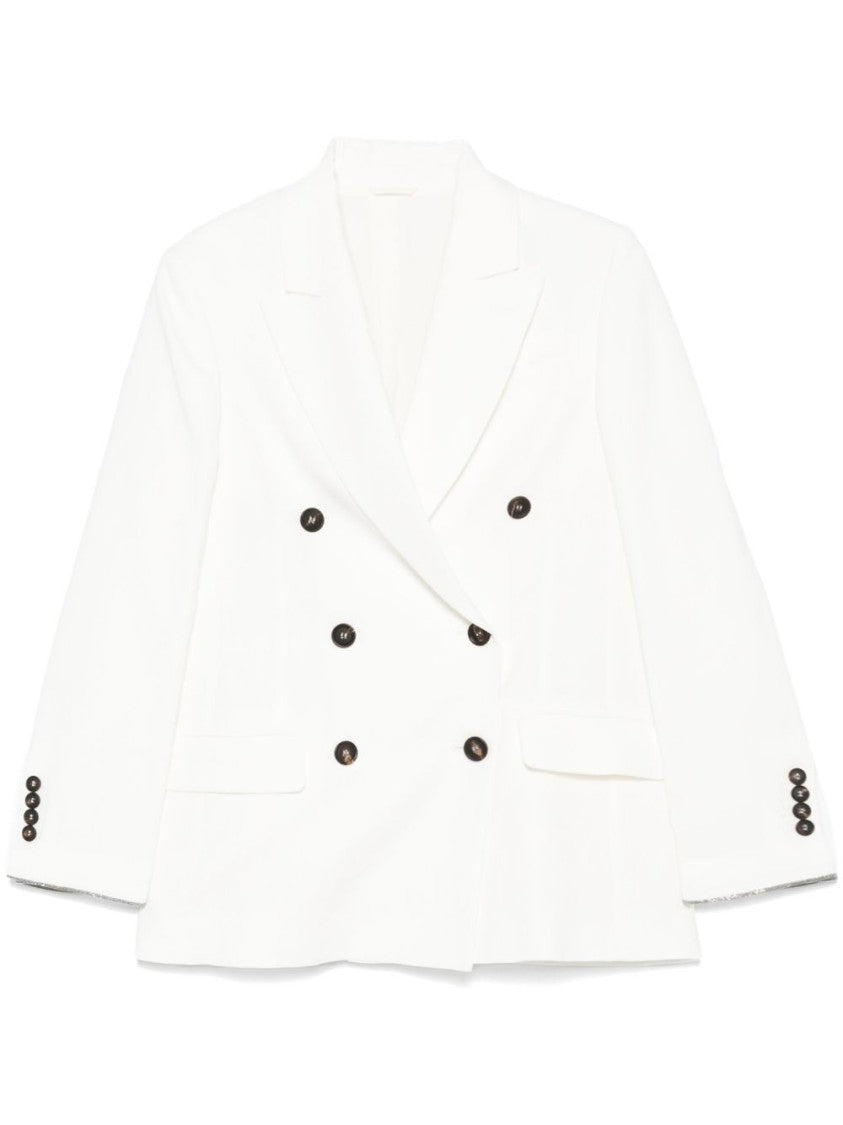 Brunello Cucinelli Tailored Light Beige Double-Breasted Blazer With Buttoned-Cuff Sleeves