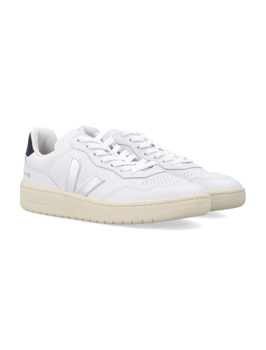 Veja V-90 White And Silver Leather Sneakers