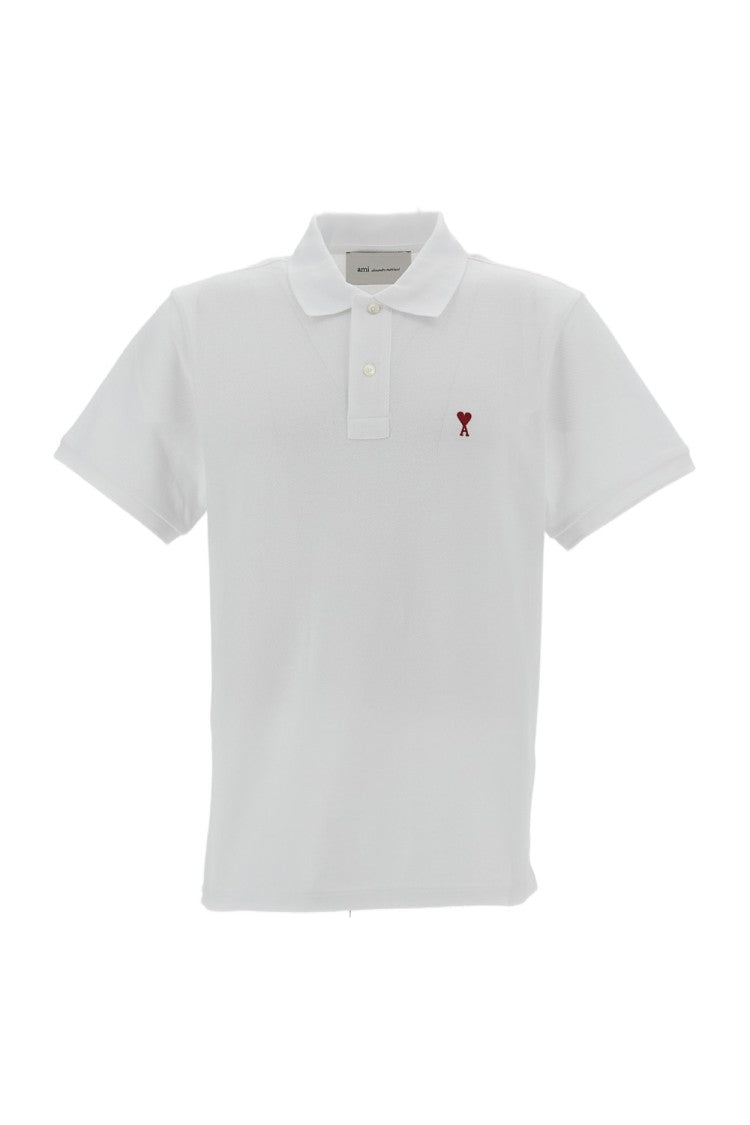 Ami Paris Classic Fit Organic Cotton Polo With Red Ami De Coeur