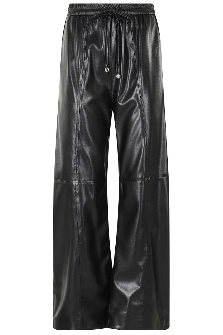 Isabelle Blanche Black Elastic Waistband Drawstring Faux Leather Wide-Leg Pants